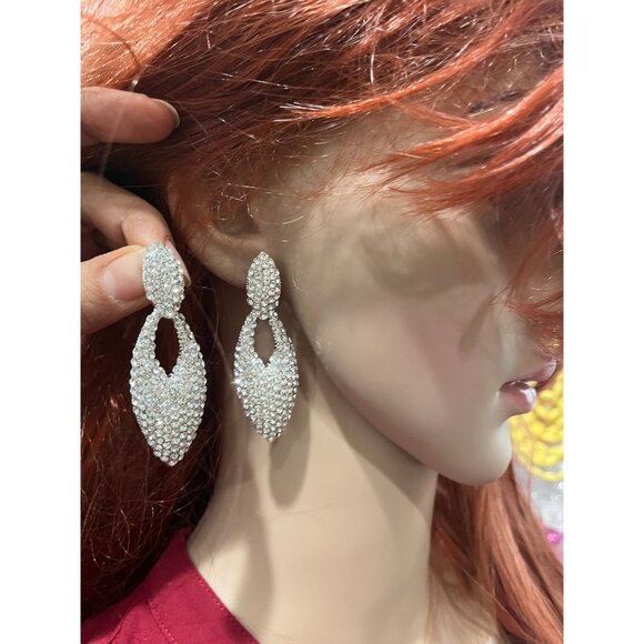 rhinestone earrings clear silver crystal wedding long drop long sparkle earring - Picture 4 of 7